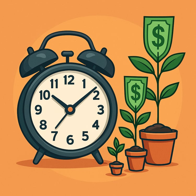 Clock and money bills symbolizing time and compound wealth building