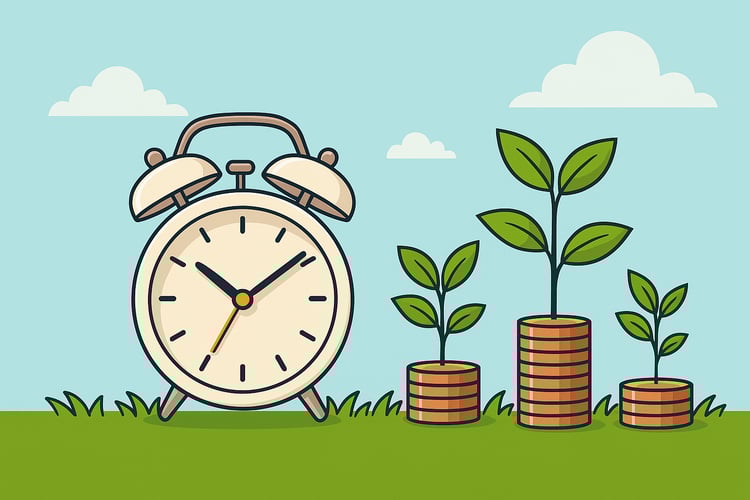Clock with money growing symbolizing time and compound interest.