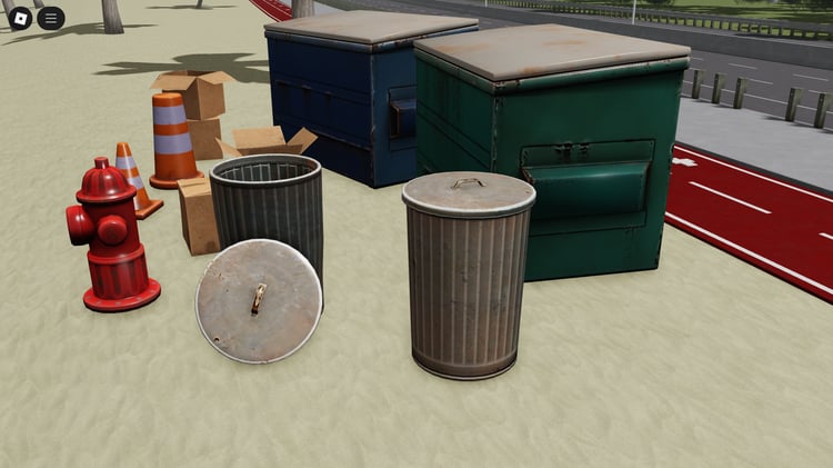 Trash bins and containers on Roblox street