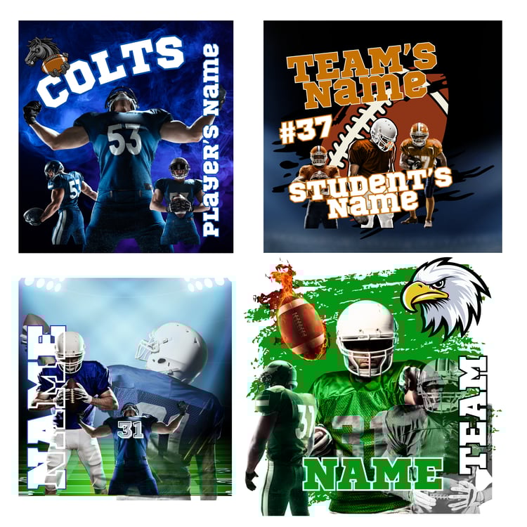 4 images of football players and fo6otballs designs in different colors