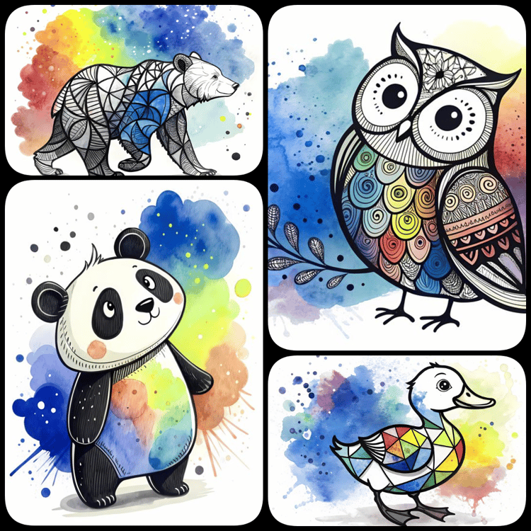 A vibrant collection of animal artwork in hues of blue, blending watercolor splash illustration and whimsical animal illustration with bold expressionist brushstroke painting and abstract watercolor art. Some designs feature playful, mandala-inspired patt