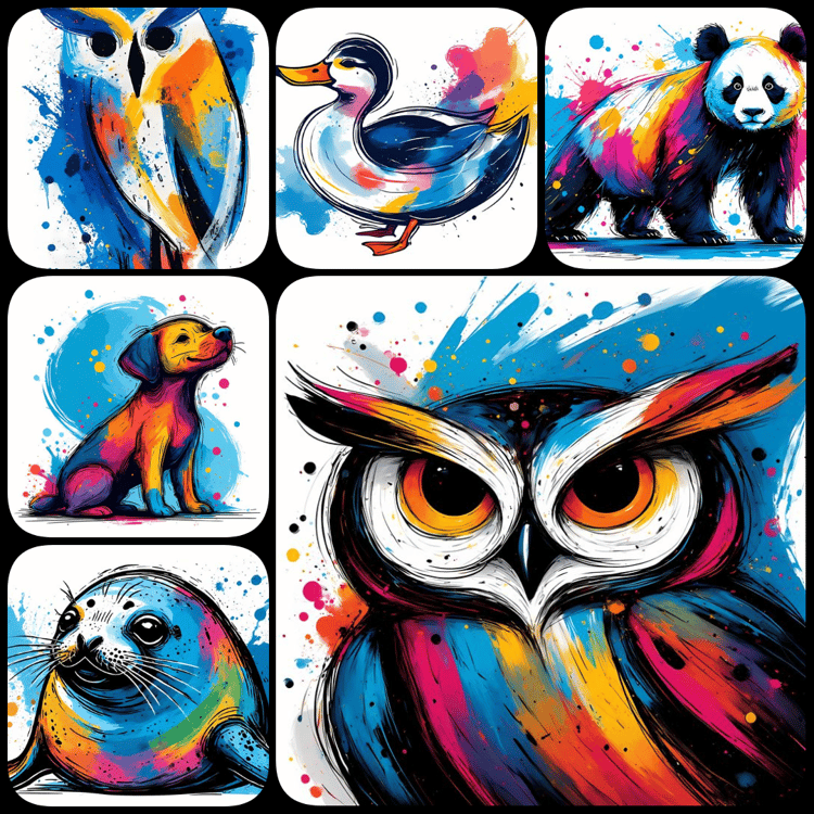 A vibrant collection of animal artwork in hues of blue, blending watercolor splash illustration and whimsical animal illustration with bold expressionist brushstroke painting and abstract watercolor art. Some designs feature playful, mandala-inspired patt