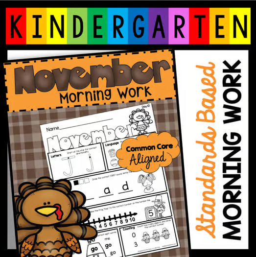 Kindergarten November Morning Work Thanksgiving Turkey Math and Reading Phonics