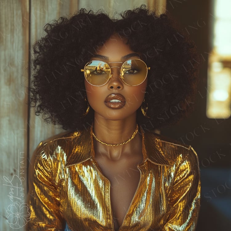 Stylish black woman wearing metallic gold fashion with curly afro