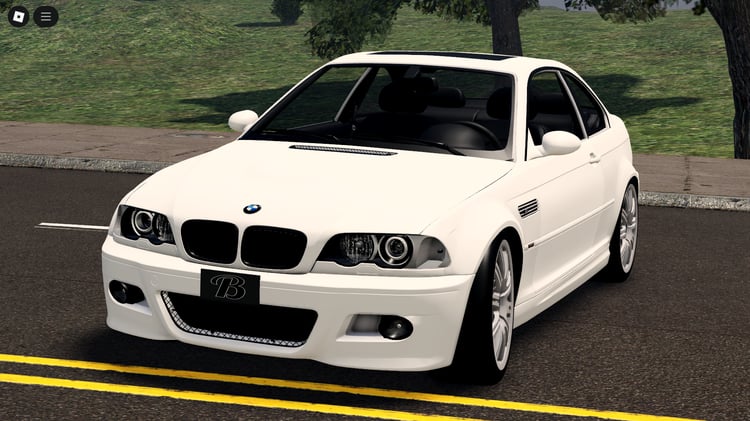 Player driving BMW E46 M3 in Roblox city map