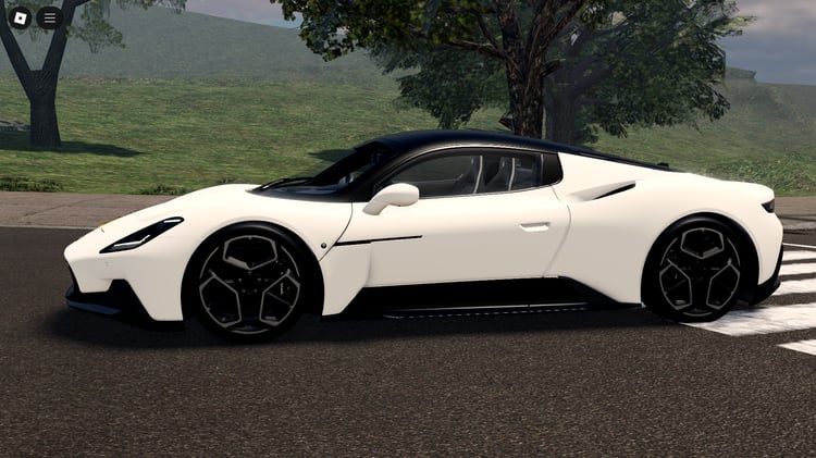 Player driving Maserati MC20 in Roblox city map