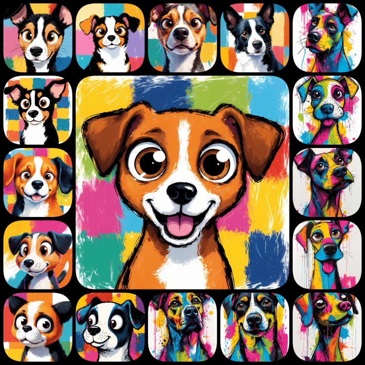 Add a burst of fun to your designs with this collection of 200 whimsical pop art dog illustrations. Featuring bold colors, abstract patterns, and playful details, these high-resolution images are perfect for prints, stickers, apparel, or digital projects.