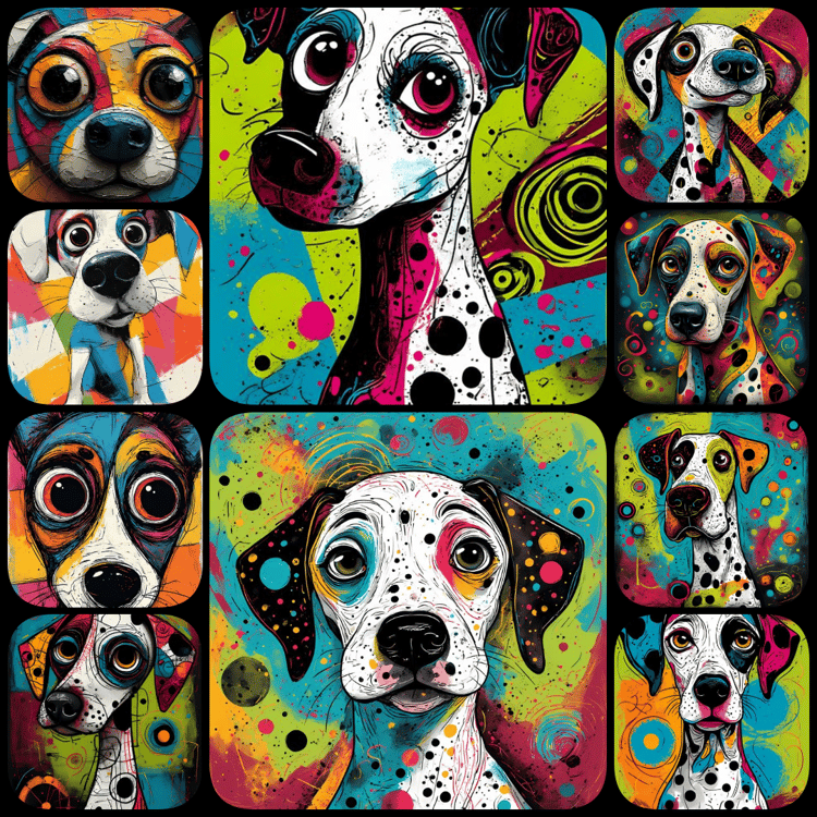 Add a burst of fun to your designs with this collection of 200 whimsical pop art dog illustrations. Featuring bold colors, abstract patterns, and playful details, these high-resolution images are perfect for prints, stickers, apparel, or digital projects.