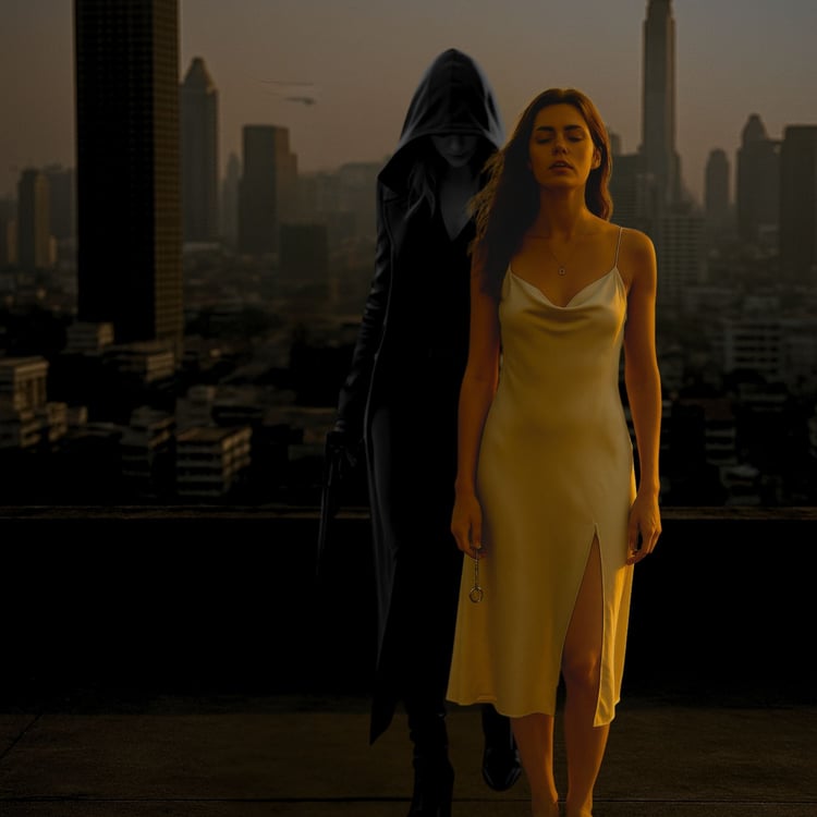Woman in a satin slip dress on a rooftop at sunset, with a hooded figure standing close behind her.