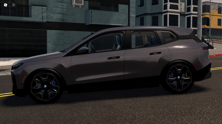 Player driving BMW iX xDrive50 in Roblox city map