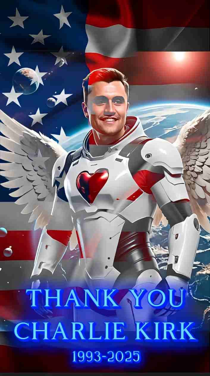 Digital artwork of Charlie Kirk in futuristic white armor with glowing heart core and angel wings, standing before Earth and American flag, tribute 1993–2025.