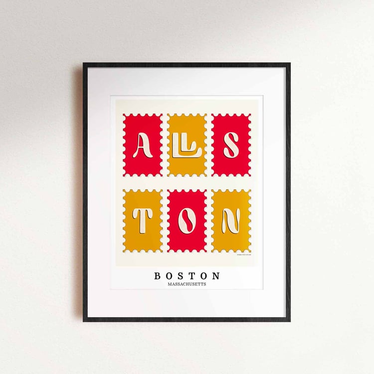 Allston Postage Stamp Collection print showcasing bold lettering and vibrant red and gold tones.