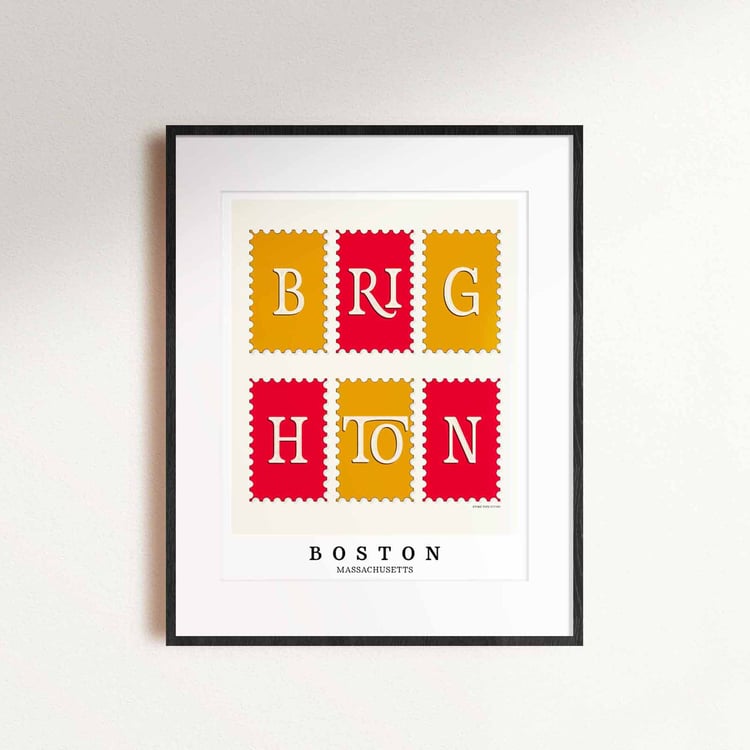 Brighton Postage Stamp Collection print showcasing distinctive lettering and vibrant red and gold tones.