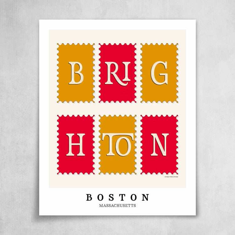 A collection of red and yellow postage stamps featuring the Brighton neighborhood in Boston, Massachusetts