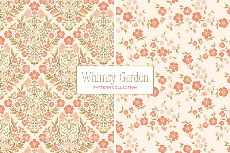 hand drawn cottagecore digital surface pattern collection. Featuring delicate floral blooms, intricate leaves, and textural designs.