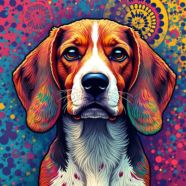 15 stunning Beagle High-Res Art Images in Psychedelic Pop Art Style  📦 What’s Included:  15 Files in total High Resolution: 300 DPI for professional quality Image Sizes: From 3072px to 9216px (portrait, landscape and square orientations) 🎨 Perfect For:  W