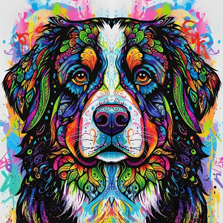 🐾12 Bernese Mountain Dog High-Res Art Images in Psychedelic Pop Art Style  📦 What’s Included:  12 Files in total High Resolution: 300 DPI for professional quality Image Sizes: From 3072px to 9216px (portrait, landscape and square orientations) 🎨 Perfect F