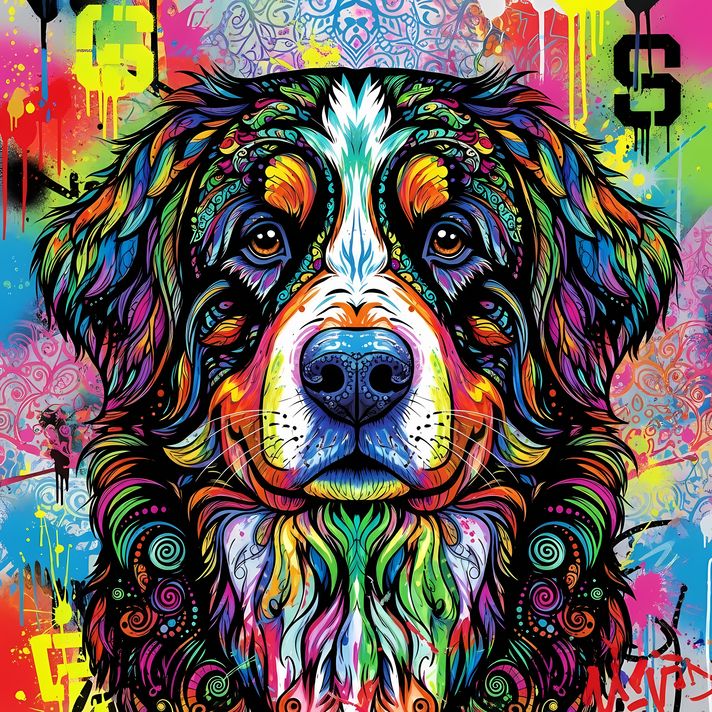 🐾12 Bernese Mountain Dog High-Res Art Images in Psychedelic Pop Art Style  📦 What’s Included:  12 Files in total High Resolution: 300 DPI for professional quality Image Sizes: From 3072px to 9216px (portrait, landscape and square orientations) 🎨 Perfect F