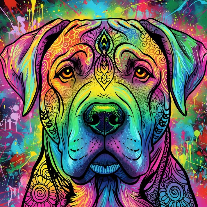🐾10 Boerboel Dog High-Res Art Images in Psychedelic Pop Art Style  📦 What’s Included:  10 Files in total High Resolution: 300 DPI for professional quality Image Sizes: From 3072px to 9216px (portrait, landscape and square orientations) 🎨 Perfect For:  Wal