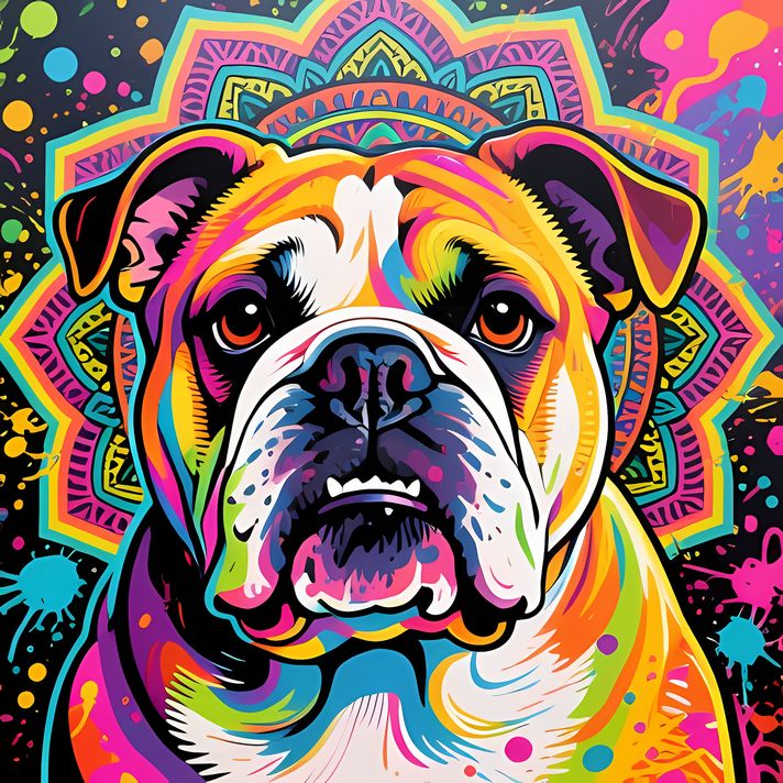 🐾9 Bulldogs High-Res Art Images in Psychedelic Pop Art Style  📦 What’s Included:  9 Files in total High Resolution: 300 DPI for professional quality Image Sizes: From 3072px to 9216px (portrait and square orientations) 🎨 Perfect For:  Wall Art & Décor Cus