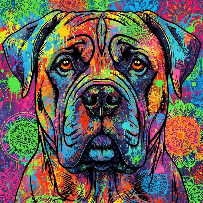 🐾9 Bullmastiff Dogs High Resolution Art Images in Psychedelic Pop Art Style  📦 What’s Included:  9 Files in total High Resolution: 300 DPI for professional quality Image Sizes: From 3072px to 9216px (portrait and square orientations) 🎨 Perfect For:  Wall