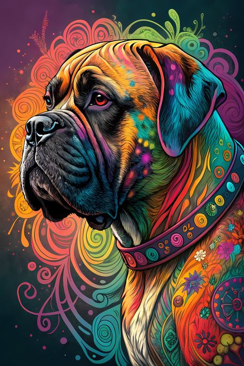 🐾9 Bullmastiff Dogs High Resolution Art Images in Psychedelic Pop Art Style  📦 What’s Included:  9 Files in total High Resolution: 300 DPI for professional quality Image Sizes: From 3072px to 9216px (portrait and square orientations) 🎨 Perfect For:  Wall