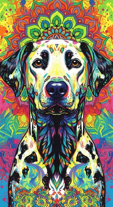 🐾12 Dalmatian Dogs High-Res Art Images in Psychedelic Pop & Street Art Style  📦 What’s Included:  12 Files in total High Resolution: 300 DPI for professional quality Image Sizes: From 3072px to 9216px (portrait and square orientations) 🎨 Perfect For:  Wal