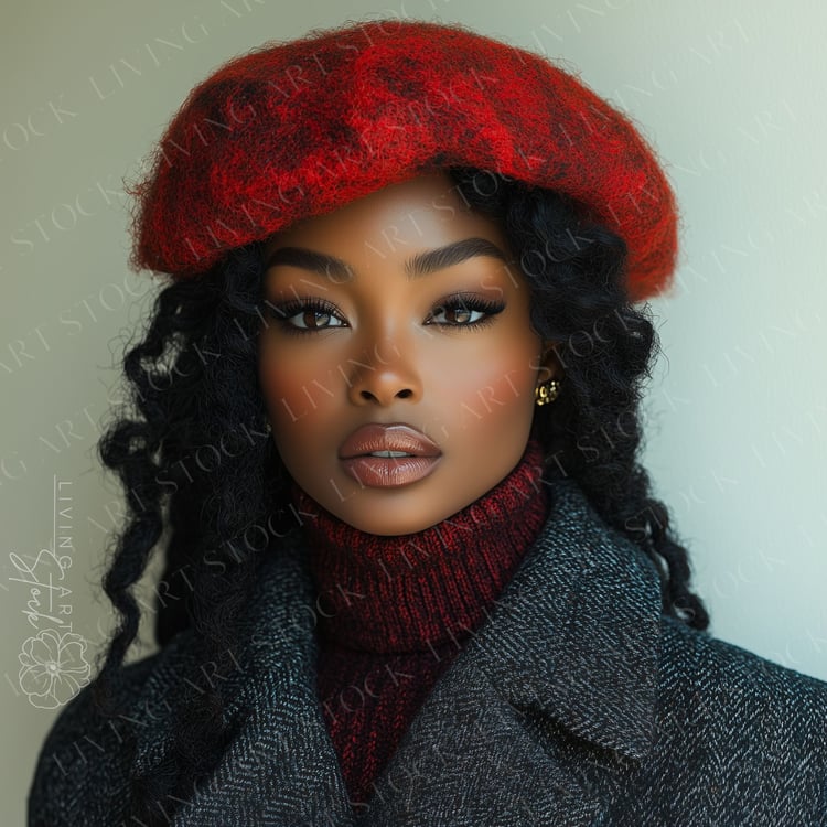 Dark skin black woman wearing red wool beret and grey wool overcoat