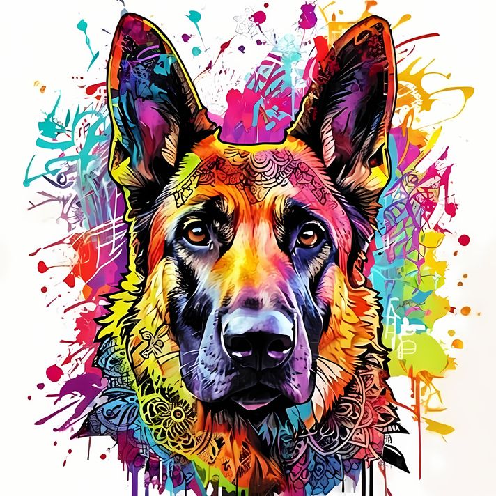 🐾20 German Shepherd Dogs High-Res Art Images in Psychedelic Pop & Street Art Styles  📦 What’s Included:  9 Files in total High Resolution: 300 DPI for professional quality Image Sizes: From 3072px to 9216px (portrait, landscape and square orientations) 🎨