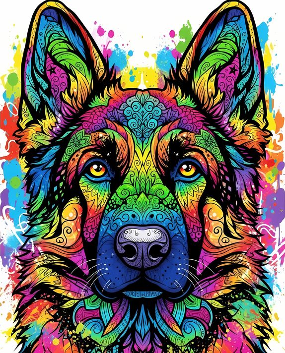 🐾20 German Shepherd Dogs High-Res Art Images in Psychedelic Pop & Street Art Styles  📦 What’s Included:  9 Files in total High Resolution: 300 DPI for professional quality Image Sizes: From 3072px to 9216px (portrait, landscape and square orientations) 🎨