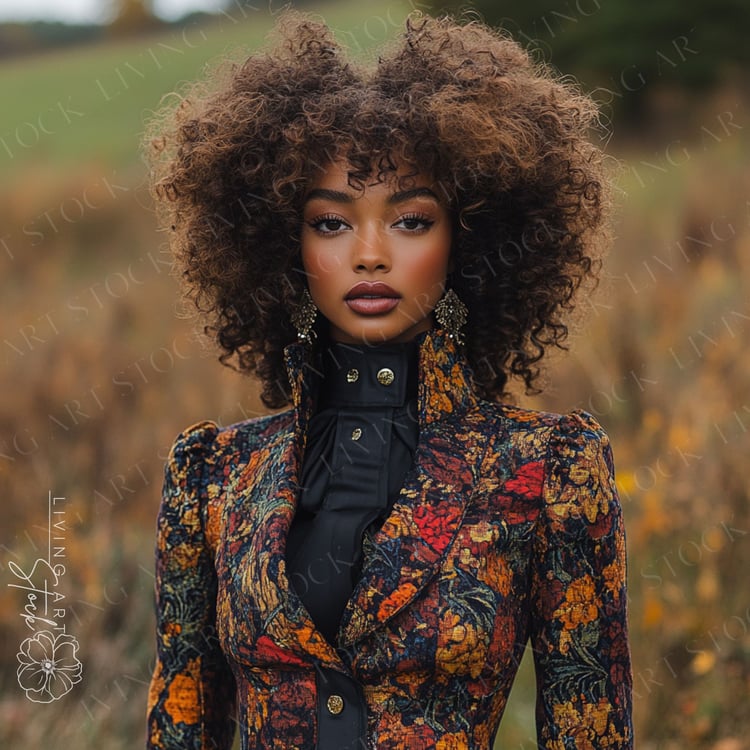 A stunning and stylish editorial portrait of a beautiful African-American woman, posed in a lush, outdoor autumn setting. She is wearing a structured jacket with a rich, brocade-like floral pattern in warm fall colors of orange, red, and gold, over a soph