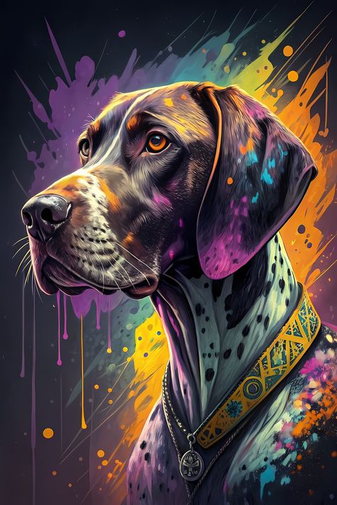 🐾13 German Shorthaired Pointer High-Res Art Images in Psychedelic Pop & Street Art Styles  📦 What’s Included:  9 Files in total High Resolution: 300 DPI for professional quality Image Sizes: From 3072px to 9216px (portrait and square orientations) 🎨 Perfe
