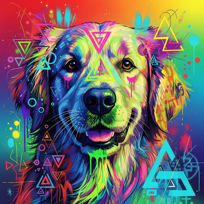 🐾 12 Golden Retriever Dogs High-Res Art Images in Psychedelic Pop & Street Art Styles  📦 What’s Included:  12 Files in total High Resolution: 300 DPI for professional quality Image Sizes: From 3072px to 9216px (portrait and square orientations) 🎨 Perfect 
