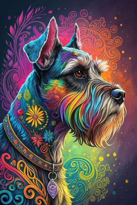🐾12 Schnauzer Dogs High-Res Art Images in Psychedelic Pop & Street Art Styles  📦 What’s Included:  12 Files in total High Resolution: 300 DPI for professional quality Image Sizes: From 3072px to 9216px (landscape, portrait and square orientations) 🎨 Perfe
