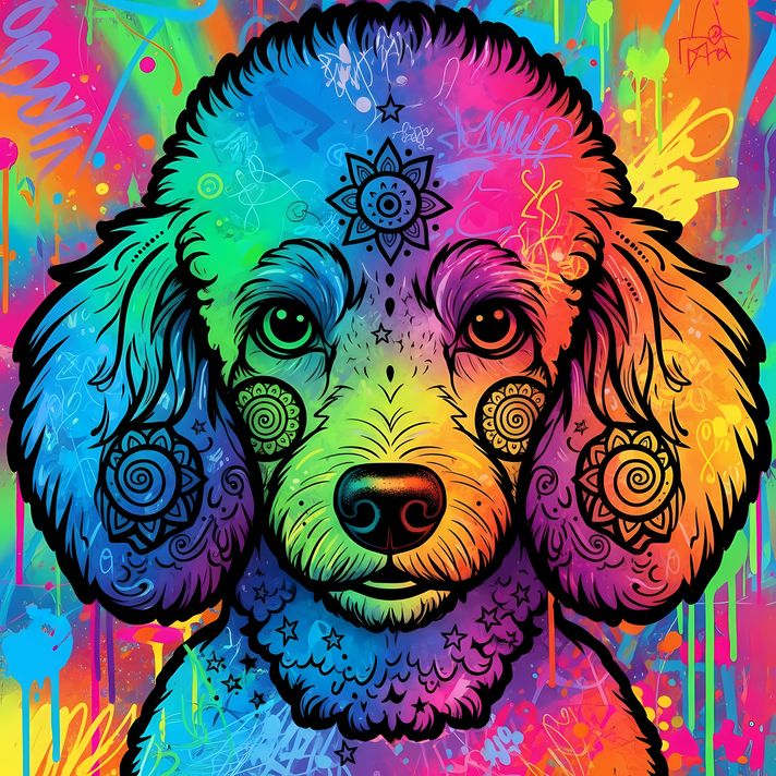 🐾12 Poodles High-Res Art Images in Psychedelic Pop & Street Art Styles  📦 What’s Included:  12 Files in total High Resolution: 300 DPI for professional quality Image Sizes: From 3072px to 9216px (portrait and square orientations) 🎨 Perfect For:  Wall Art 