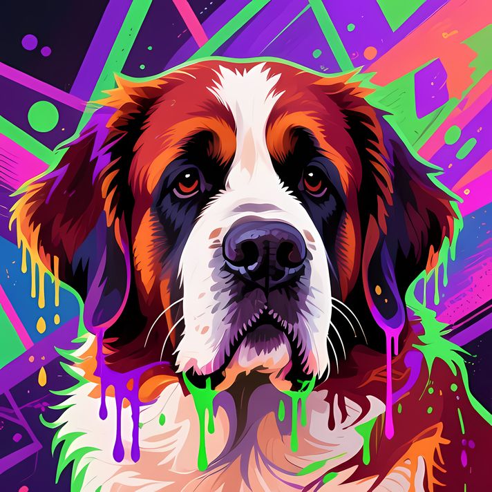 🐾13 Saint Bernard Dogs High-Res Art Images in Psychedelic Pop & Street Art Styles  📦 What’s Included:  13 Files in total High Resolution: 300 DPI for professional quality Image Sizes: From 3072px to 8448px (landscape, portrait and square orientations) 🎨 P