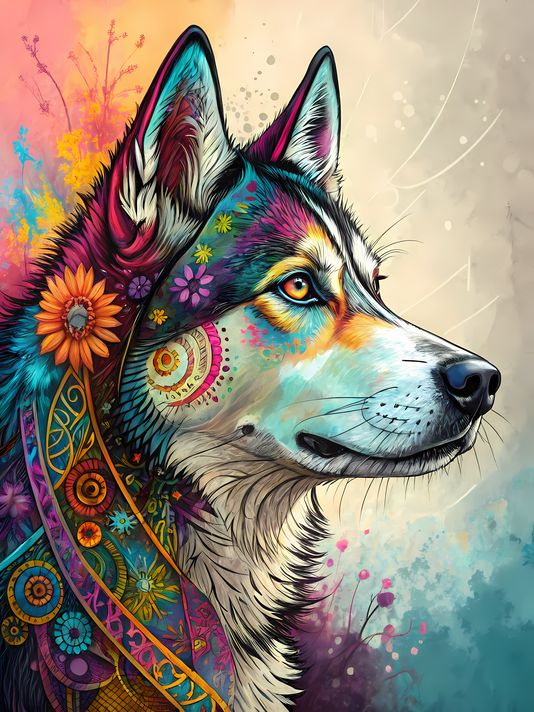 🐾9 Siberian Husky Dogs High-Res Art Images in Psychedelic Pop & Street Art Styles  📦 What’s Included:  9 Files in total High Resolution: 300 DPI for professional quality Image Sizes: From 3072px to 8190px (portrait and square orientations) 🎨 Perfect For: 
