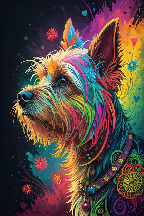 🐾11 Yorkshire Terrier Dogs High-Res Art Images in Psychedelic Pop & Street Art Styles  📦 What’s Included:  11 Files in total High Resolution: 300 DPI for professional quality Image Sizes: From 3072px to 9216px (portrait and square orientations) 🎨 Perfect 
