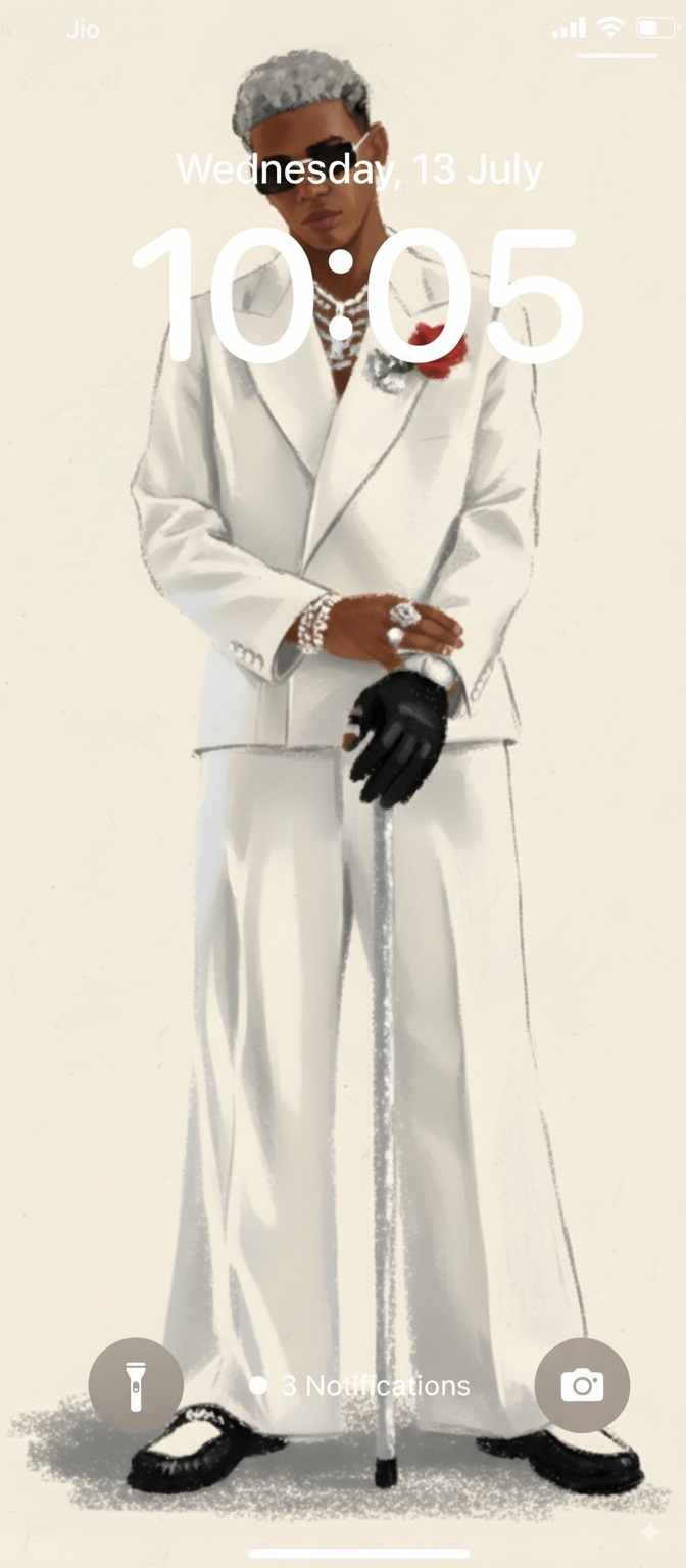iPhone lock screen displaying a stylish art wallpaper of Lamine Yamal  in a white suit. The phone is resting on a neutral colored surface, showcasing the Dapper Gentleman digital wallpaper.