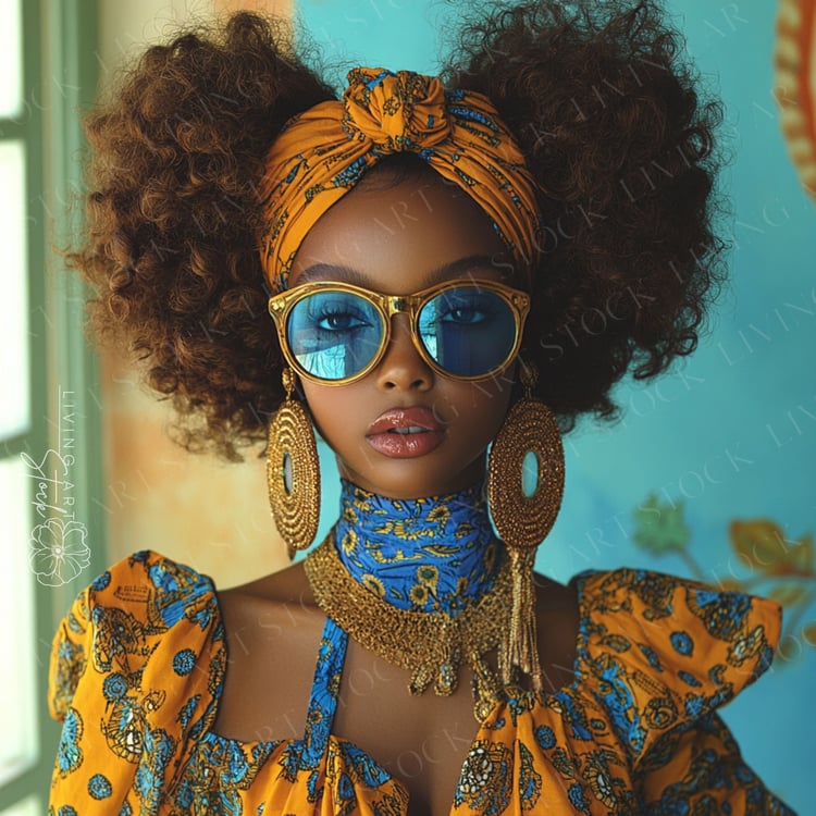 A vibrant and bold editorial portrait of a beautiful African-American woman showcasing a unique and striking Afro-bohemian fashion style. She is wearing an ensemble of bright yellow and blue patterned fabrics, including a head wrap and a scarf. Her look i