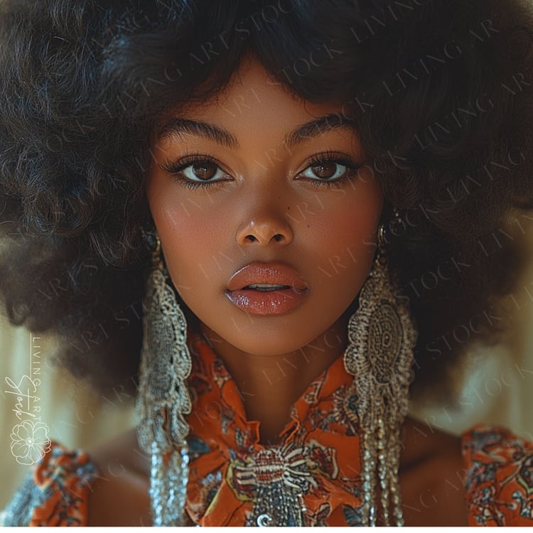 A captivating, high-fashion close-up portrait of a beautiful African-American woman. The image focuses on her confident gaze and elegant features, framed by her voluminous afro hairstyle. She is wearing a rust-colored blouse with a bohemian or ethnic prin