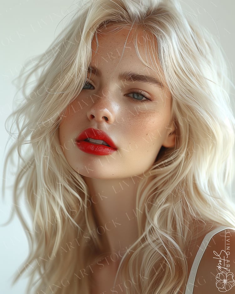 A striking and vibrant editorial portrait of a beautiful blonde woman with a bold and confident expression. Her long, platinum blonde hair is styled in loose waves, creating a sense of effortless, windblown movement. The image focuses on her captivating b