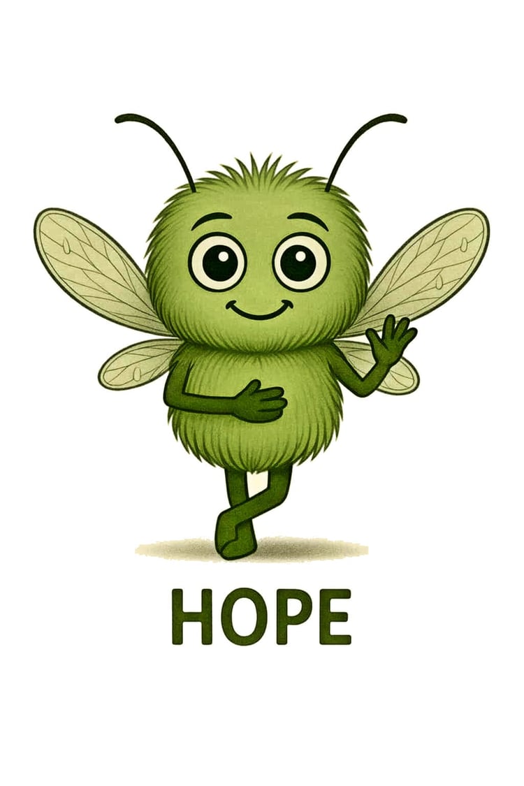 Hope the PTSD character with big eyes and wings, symbolizing resilience and healing through storms.