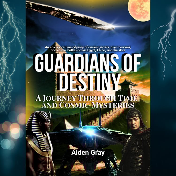 Guardians of Destiny sci-fi book cover with ancient warriors, pyramids, and spaceships