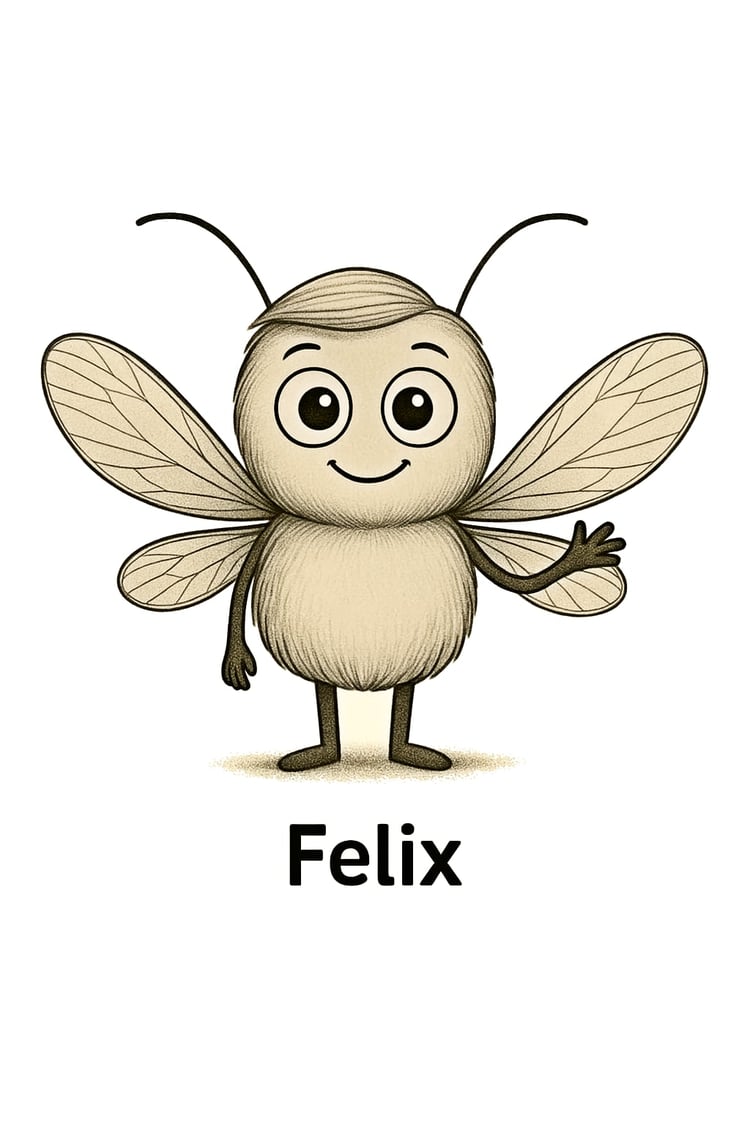 Cartoon character Felix standing under a glitter rainbow in a meadow with perfectly symmetrical flowers, representing balance, calm, and hope.