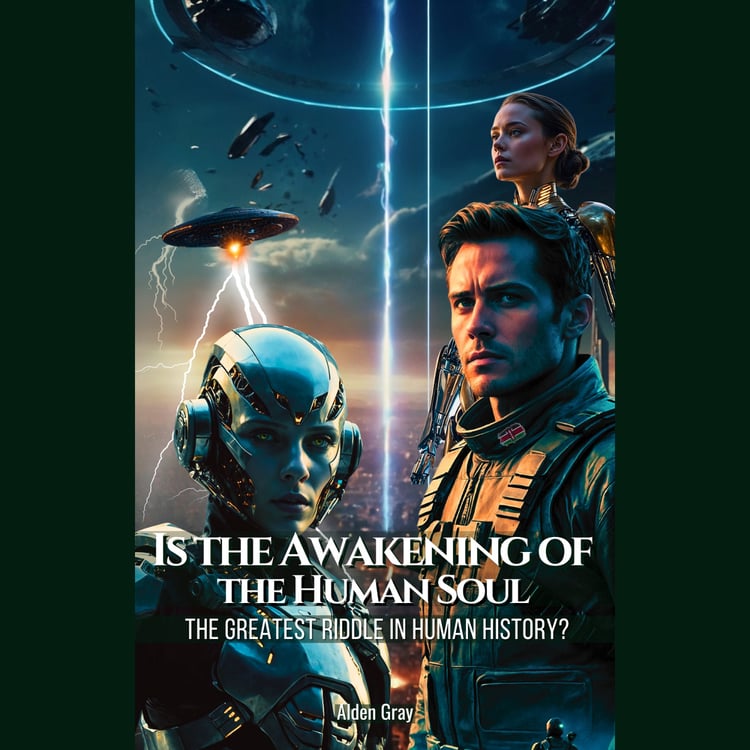 Futuristic sci-fi book cover showing armored heroes, alien ships, and lightning with the title Is the Awakening of the Human Soul
