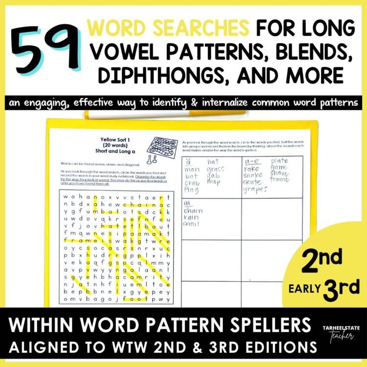 Words Their Way Long and Short Vowels 3rd Grade Spelling Word Study Word Search