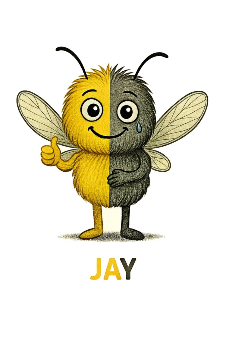 Cartoon mosquito character named Jay, half yellow and half gray, symbolizing bipolar disorder. One side smiles with a thumbs-up under sunshine, while the other side shows a teardrop under storm clouds. Text “JAY” appears below in yellow and gray.