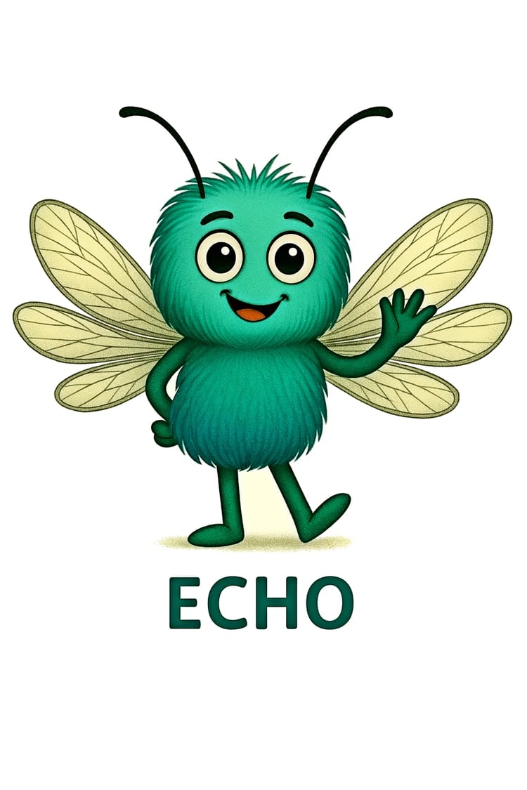 Cartoon mosquito character Echo, teal and fluffy with wide eyes and wings, standing with arms slightly open, symbolizing schizophrenia awareness in the Mental Health Musings collection.