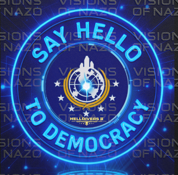Helldivers II Super Earth emblem with neon blue circular frame and “Say Hello to Democracy” text.